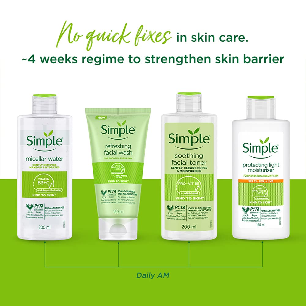 Close-up of Simple Kind To Skin micellar cleansing water shows gentle formula