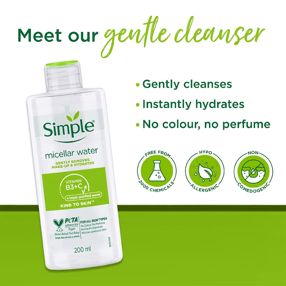 Pour view of Simple Kind To Skin micellar cleansing water bottle for daily use