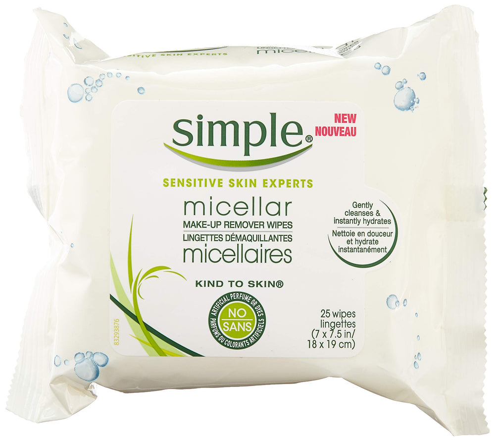Simple Micellar Wipes bottle close-up showing gentle cleansing for sensitive skin.