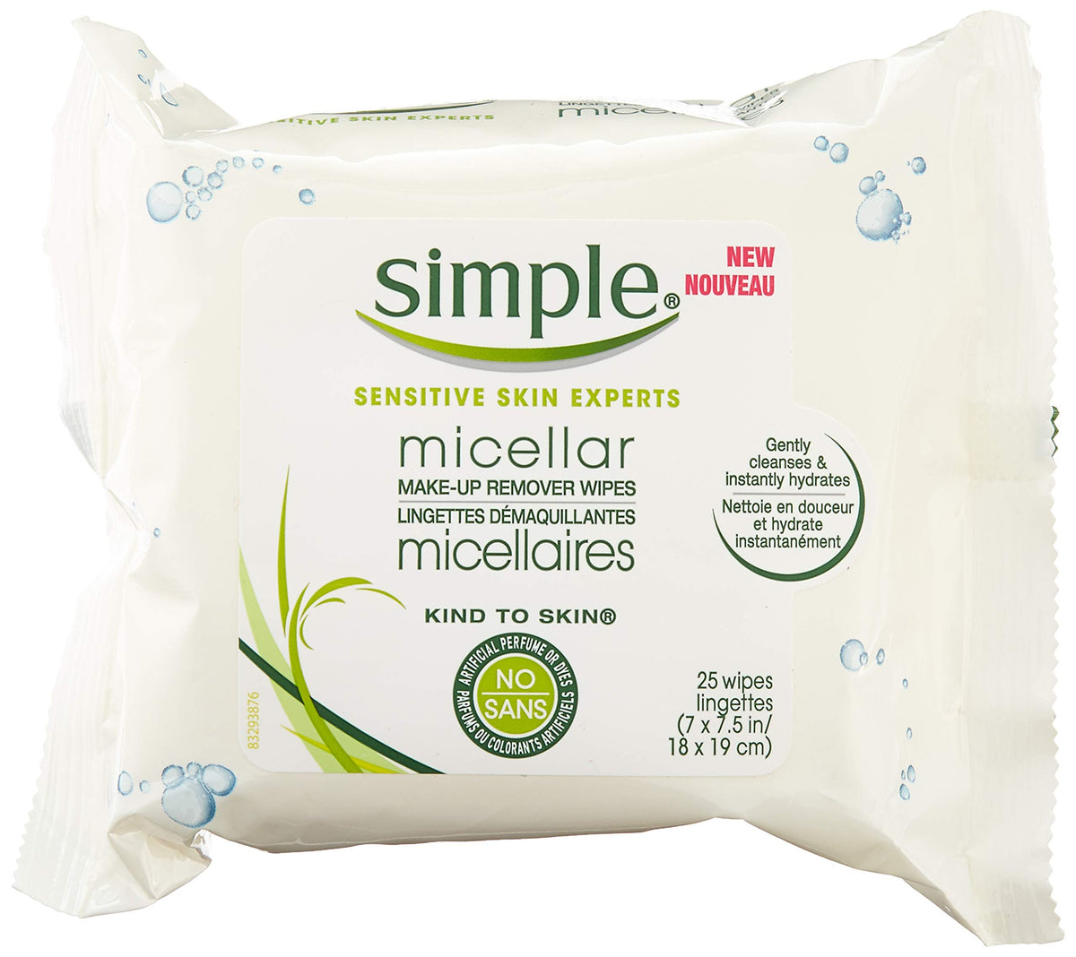 Simple Micellar Wipes bottle close-up showing gentle cleansing for sensitive skin.
