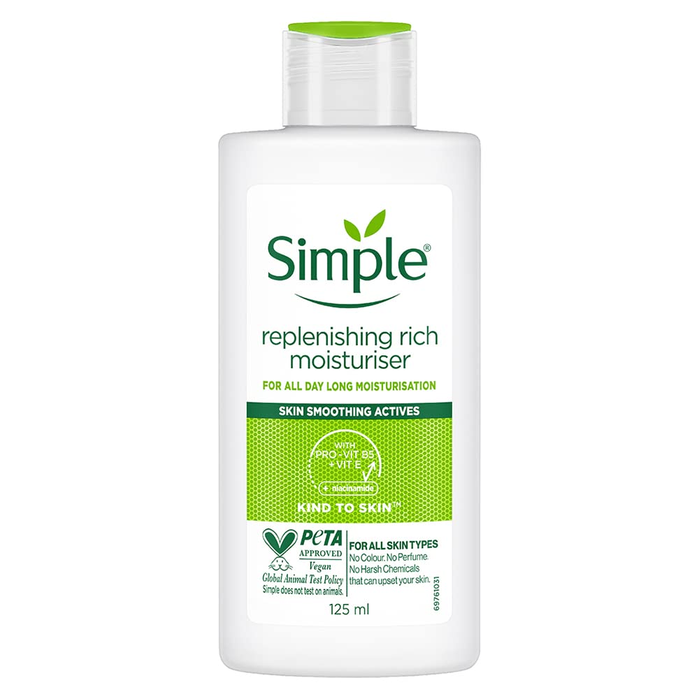 Simple Replenishing Rich Moisturiser bottle on a clean vanity for daily hydration.