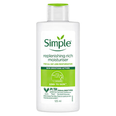 Simple Replenishing Rich Moisturiser bottle on a clean vanity for daily hydration.