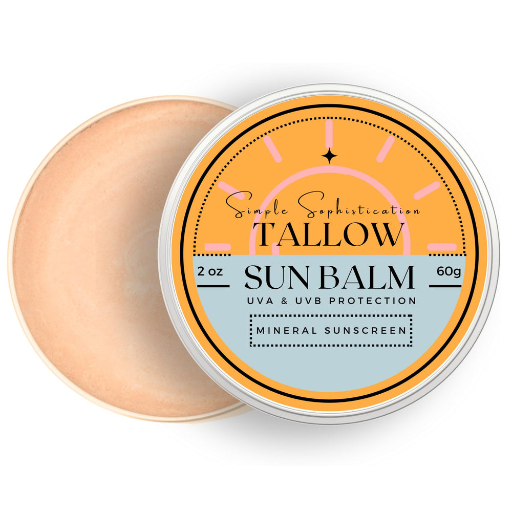 Simple Sophistication Tallow Sun Balm tonalizado envase, protección mineral suave