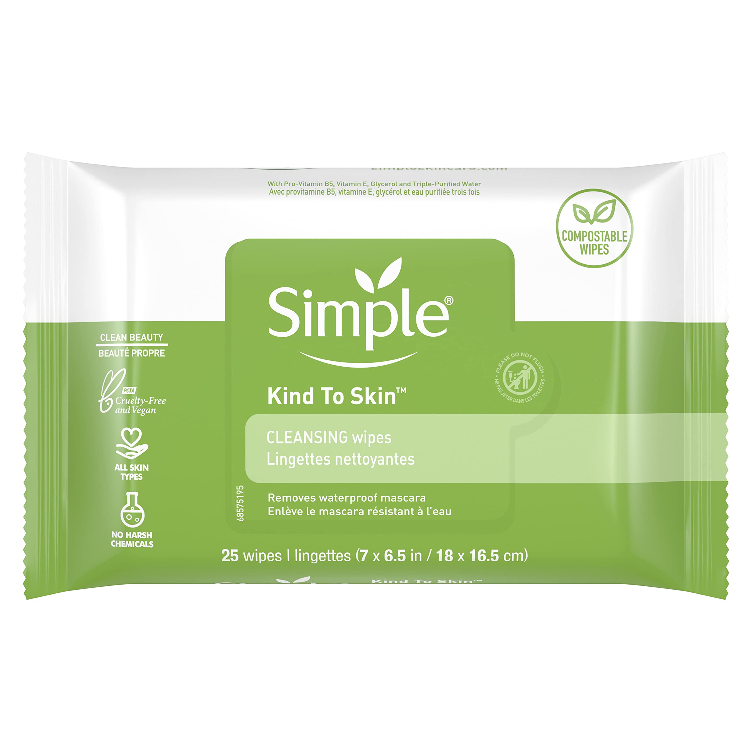 Toallitas faciales Simple desmaquillantes eliminan maquillaje con suavidad.