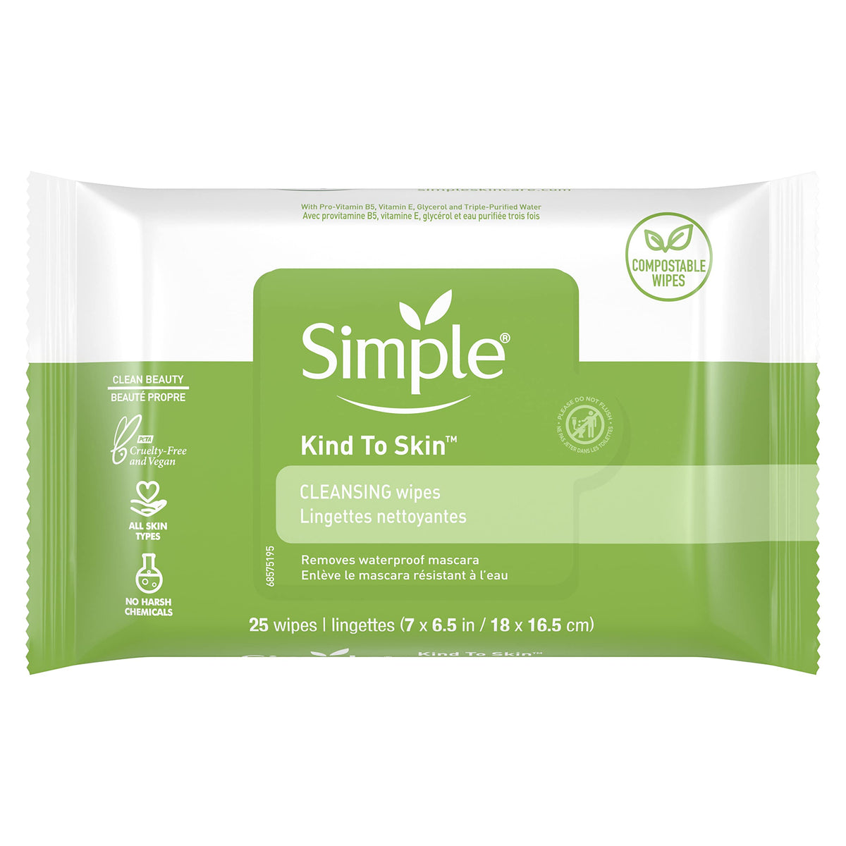 Toallitas faciales Simple desmaquillantes eliminan maquillaje con suavidad.