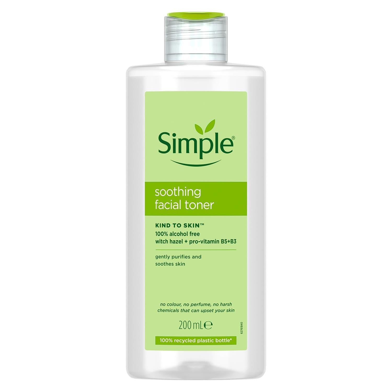 Tónico facial de Simple: botella frontal para una sensación suave y fresca.