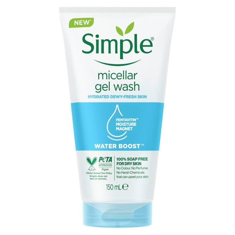 Simple Water Boost Facial Gel Wash texture gliding across the skin.