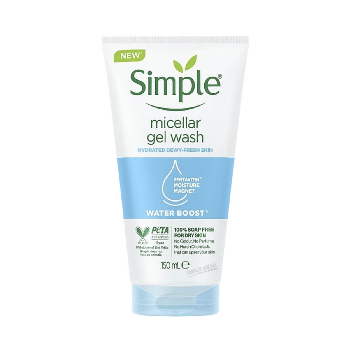 Simple Water Boost Micellar Wash close-up showing gentle cleansing with bubbles.