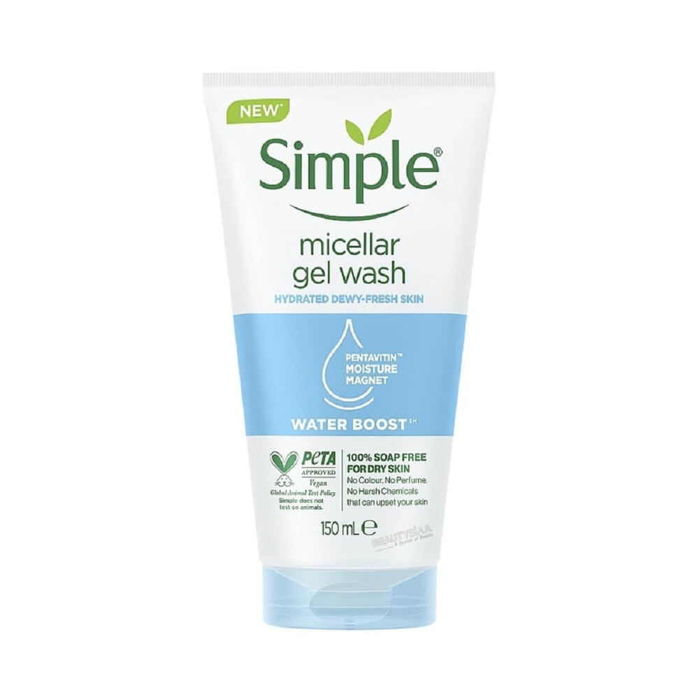 Simple Water Boost Micellar Wash close-up showing gentle cleansing with bubbles.