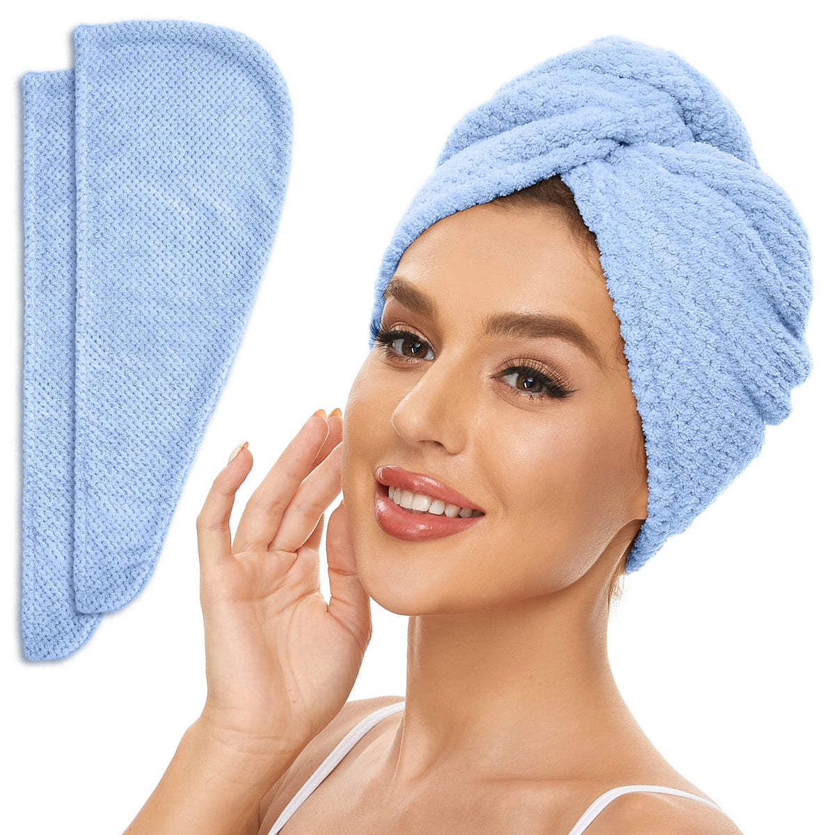 SimpleField: toalla de microfibra azul para cabello, secado rápido y doble cierre.