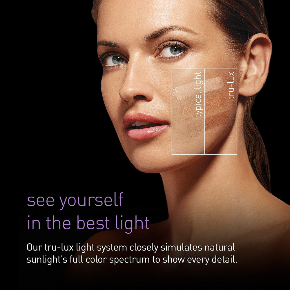 Simplehuman 5x magnification reveals fine detail for precise makeup.