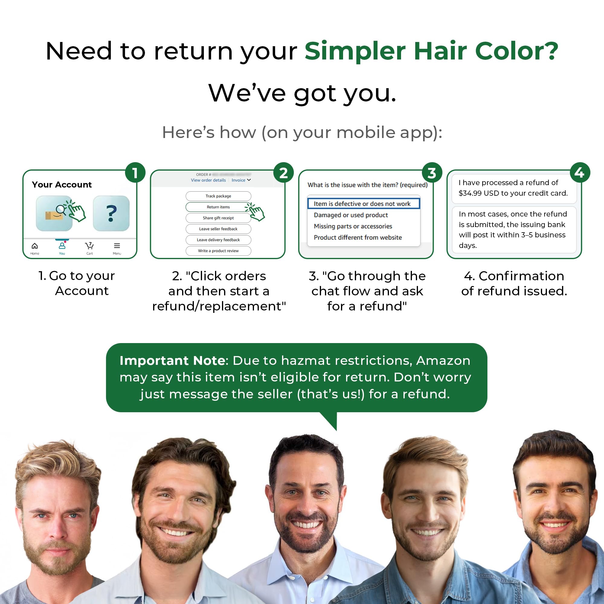 Simpler Hair Color Kit before-after display shows potential transformations.