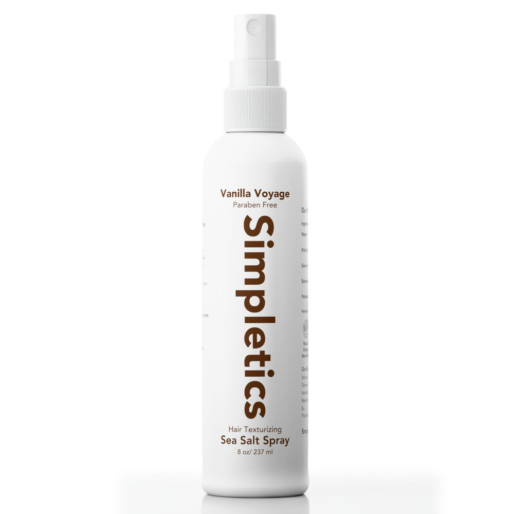 Simpletics Himalayan Sea Salt Hair Spray bottle with vanilla scent for beach waves