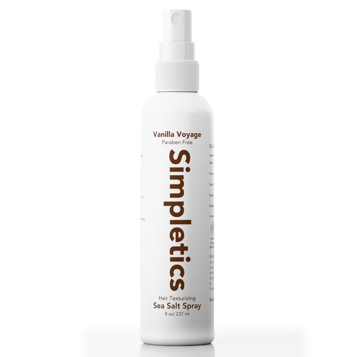 Simpletics Himalayan Sea Salt Hair Spray bottle with vanilla scent for beach waves