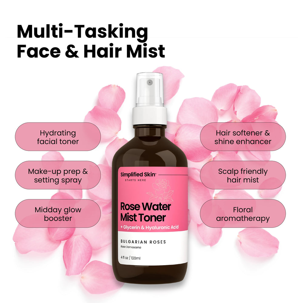 Bruma facial Simplified Skin Rosewater para uso diario tras limpieza.