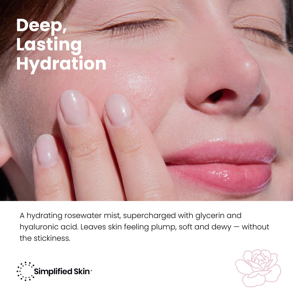 Spray Simplified Skin Rosewater para cabello, aporta brillo y suavidad.