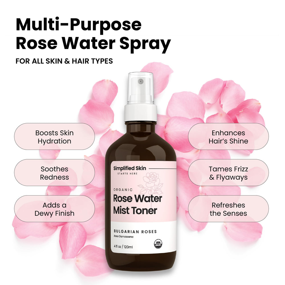Spray para cabello de Simplified Skin con agua de rosas, revitaliza el look.