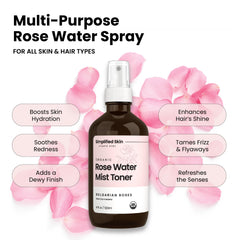 Spray para cabello de Simplified Skin con agua de rosas, revitaliza el look.