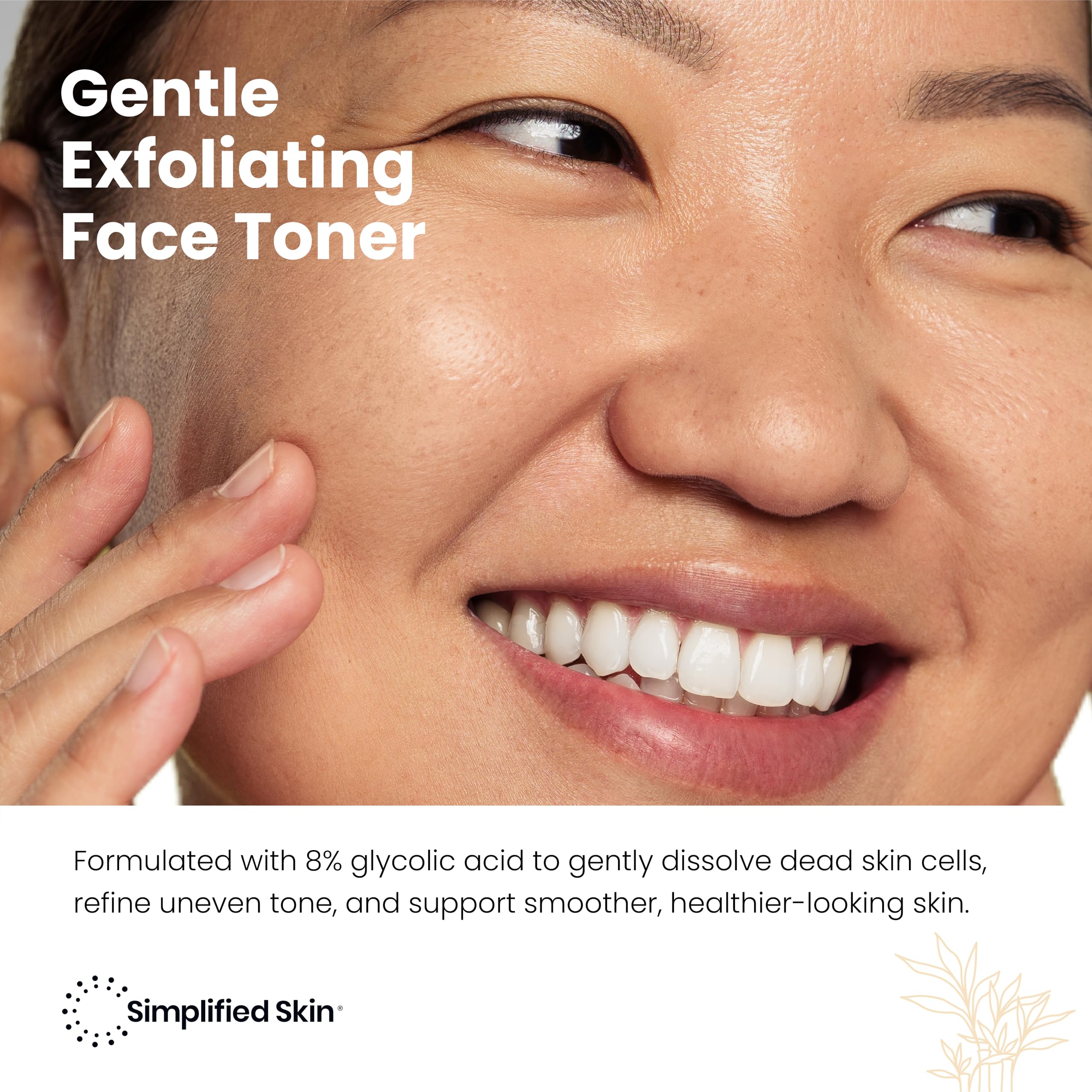 Etiqueta del tónico glicólico 8% de Simplified Skin, muestra fórmula limpia y cruelty-free.