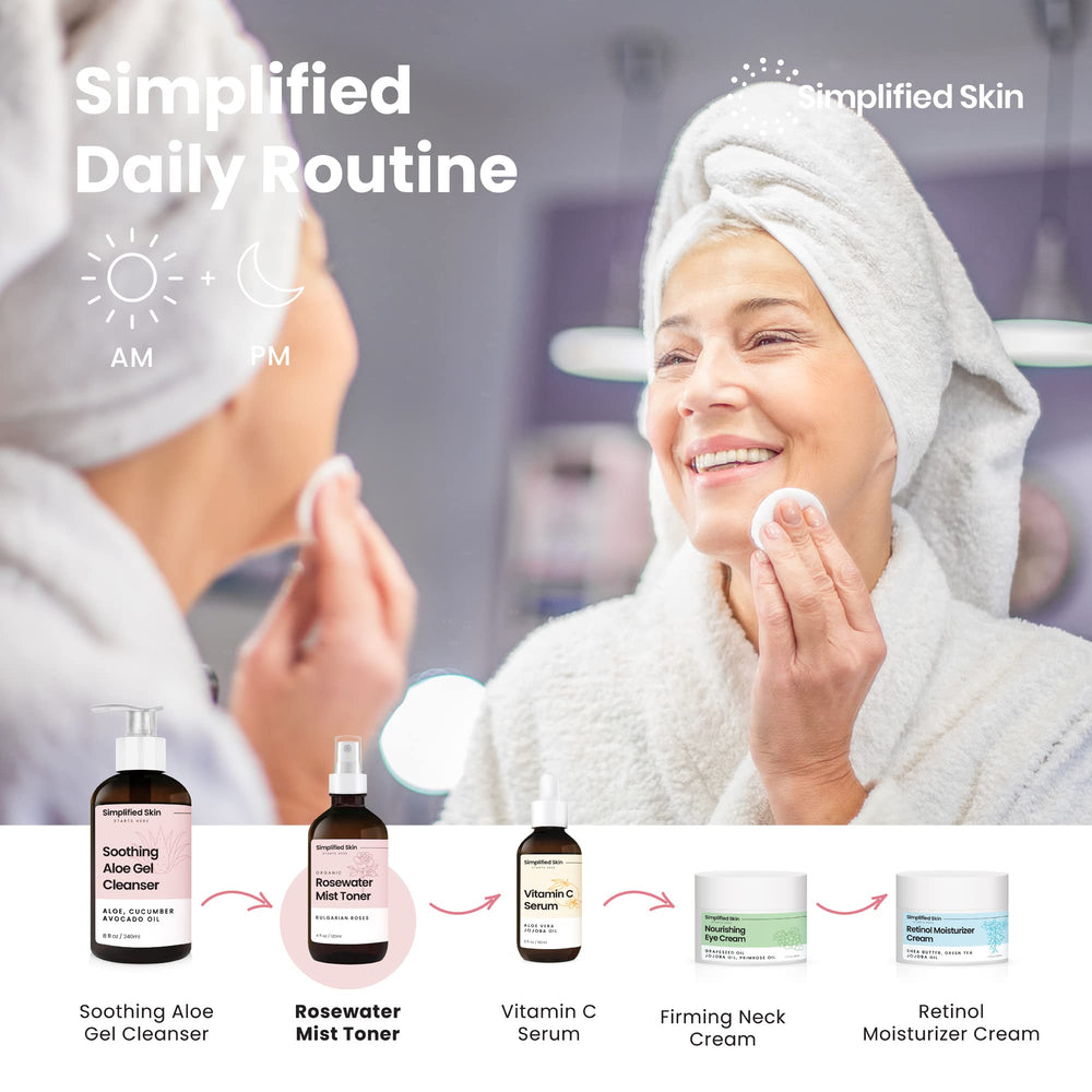 Simplified Skin hydrating rose water mist for a radiant complexion.