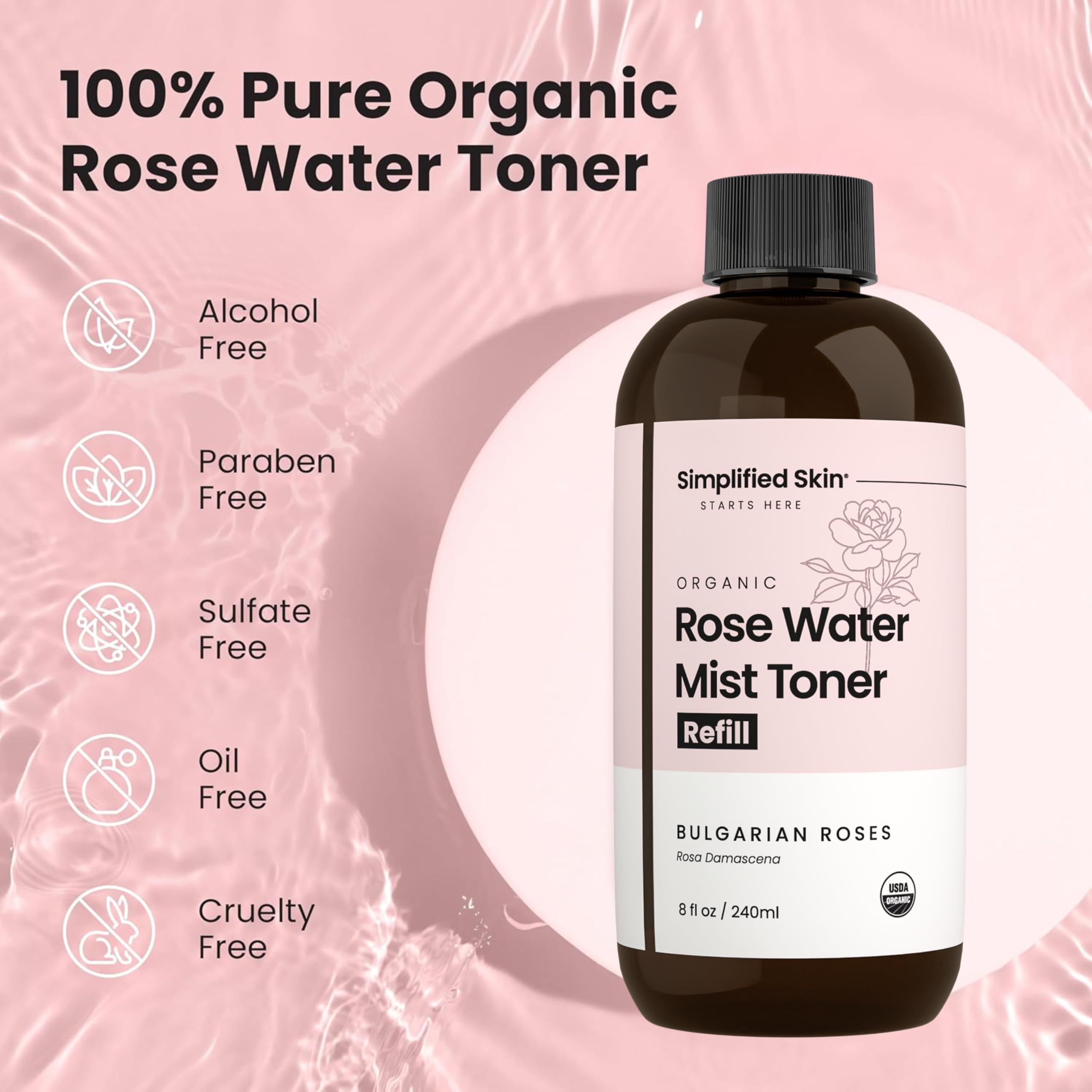 Simplified Skin refill packaging shown for sustainable, long-lasting rosewater spray.