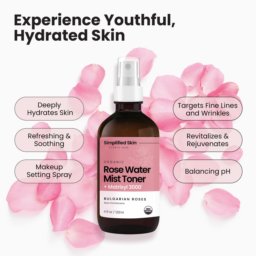 Bruma ligera de Simplified Skin Rose Water Spray en piel limpia tras la limpieza.