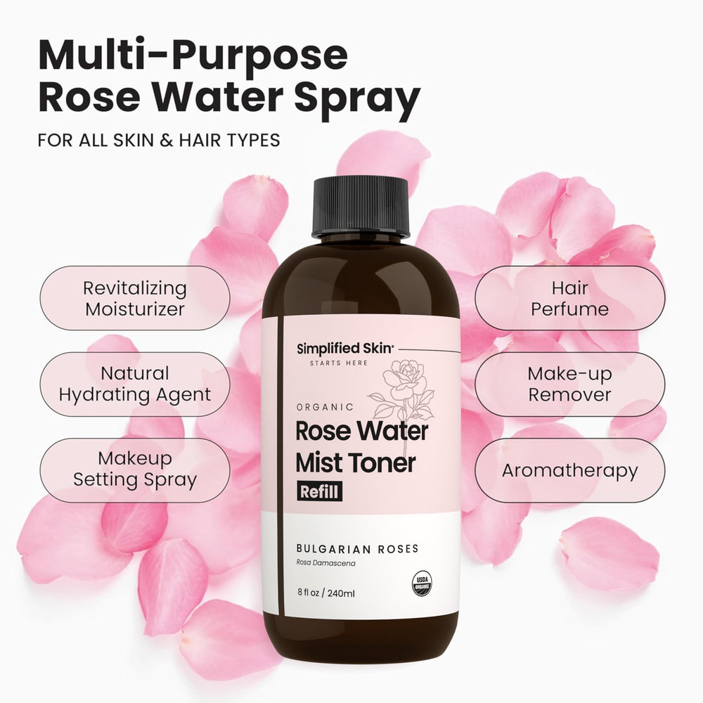 Simplified Skin rosewater mist used on hair for refreshment and light conditioning.