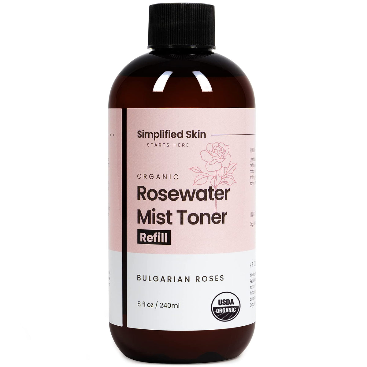 Simplified Skin rosewater spray bottle for facial hydration and gentle refreshment.