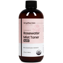 Simplified Skin rosewater spray bottle for facial hydration and gentle refreshment.