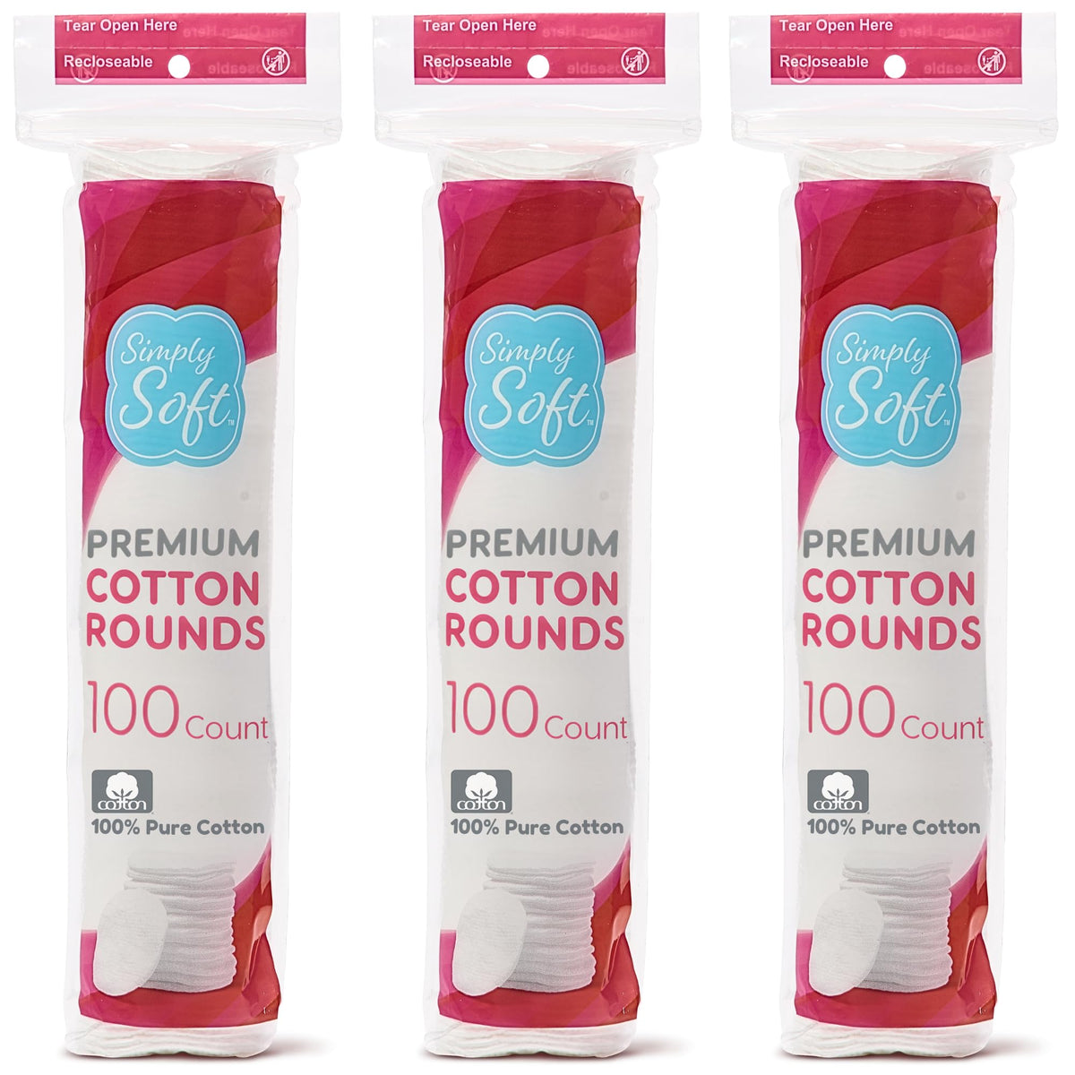 Simply Soft Cotton Rounds packaging close-up with resealable bag for easy storage