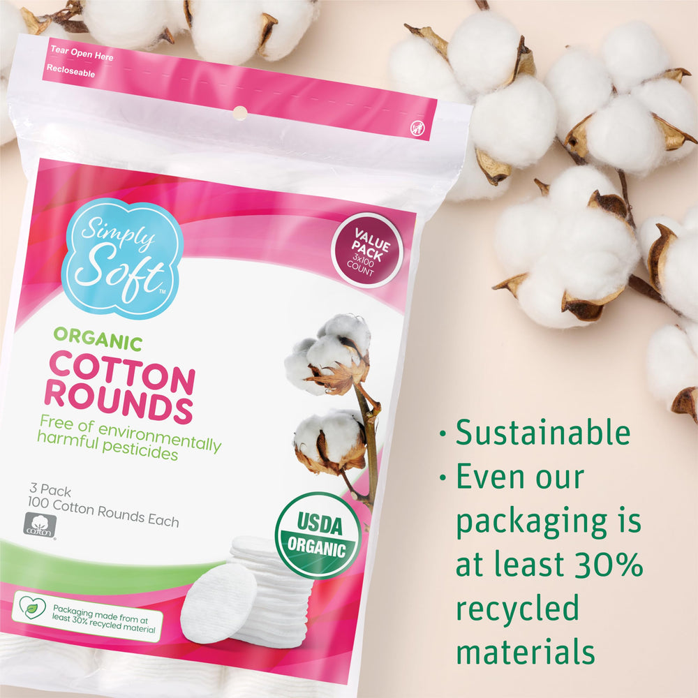 Simply Soft organic cotton rounds eco-friendly packaging supports sustainability.