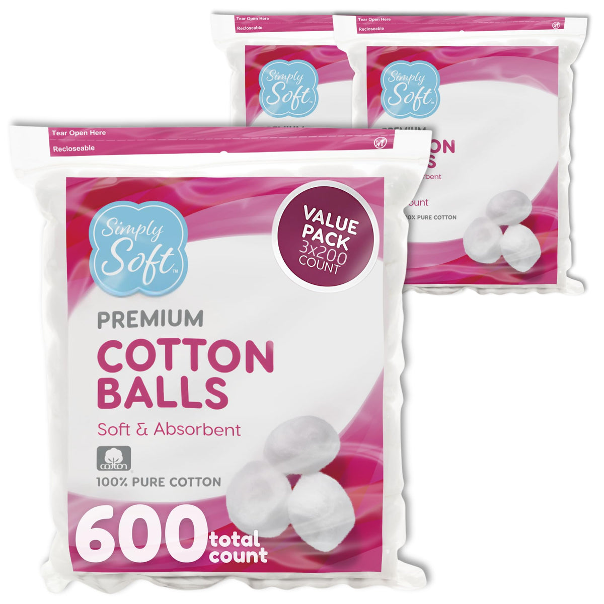 Simply Soft premium cotton balls packaging - soft, pure cotton for daily skincare routines.