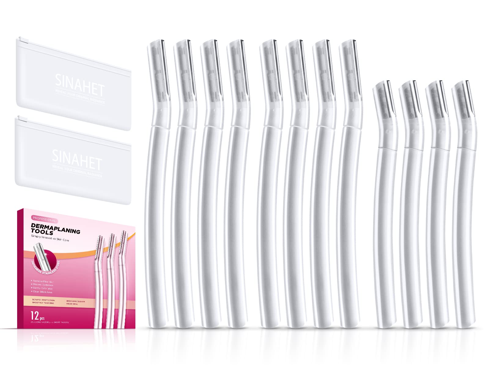 SINAHET Dermaplaning Tool packaging shows 12 blades for convenient home exfoliation