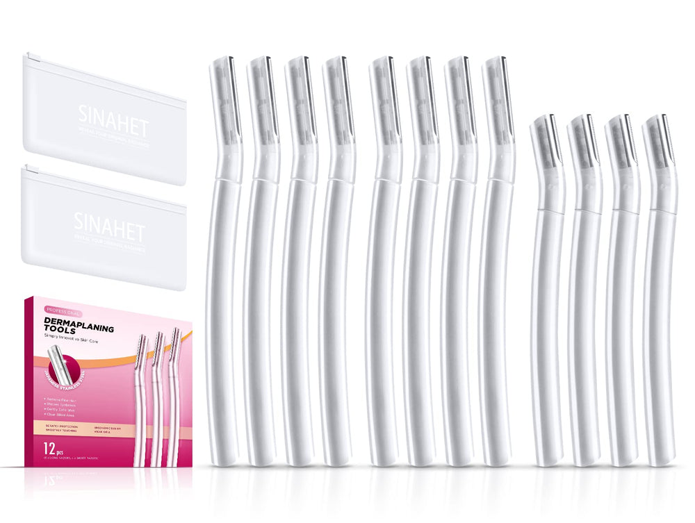 SINAHET Dermaplaning Tool packaging shows 12 blades for convenient home exfoliation