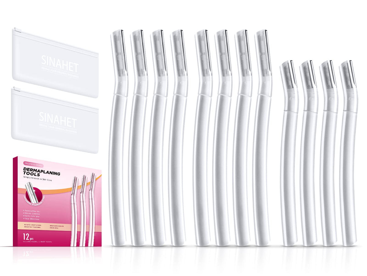 SINAHET Dermaplaning Tool packaging shows 12 blades for convenient home exfoliation