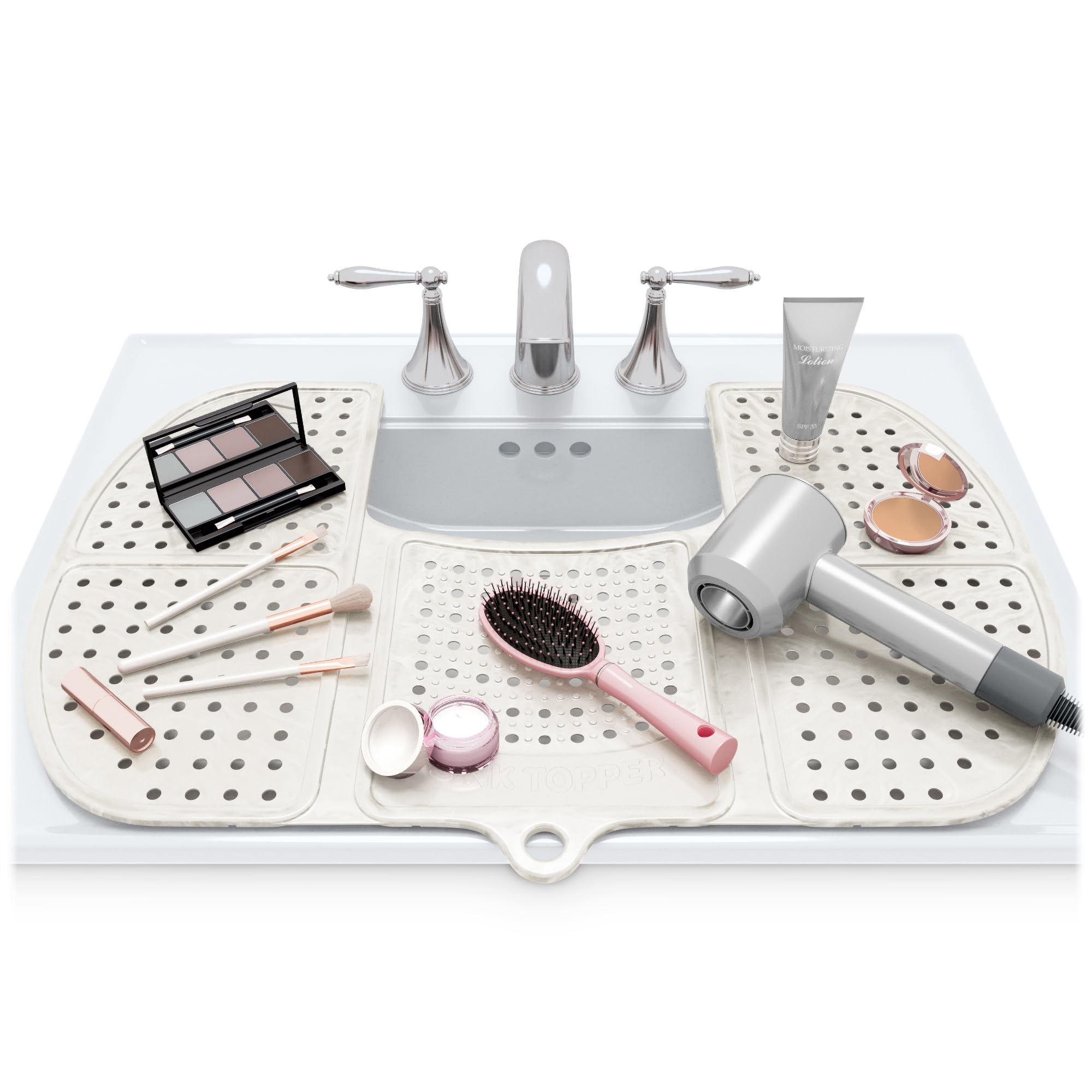 Sink Topper large pearl foldable silicone mat showing extra counter space for beauty tools.