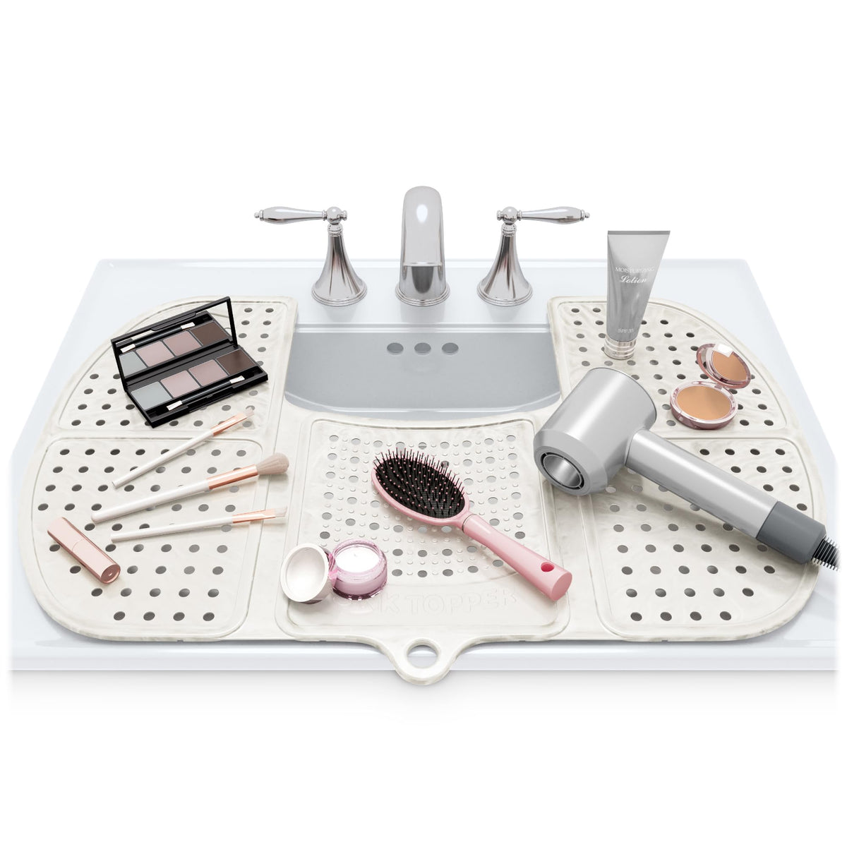 Sink Topper large pearl foldable silicone mat showing extra counter space for beauty tools.