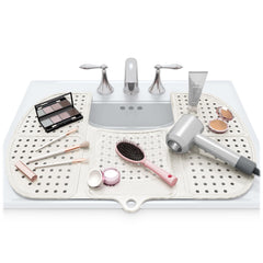 Sink Topper large pearl foldable silicone mat showing extra counter space for beauty tools.