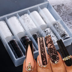 SINSEN lace nail foil transfer with black and white flowers for chic manicure looks