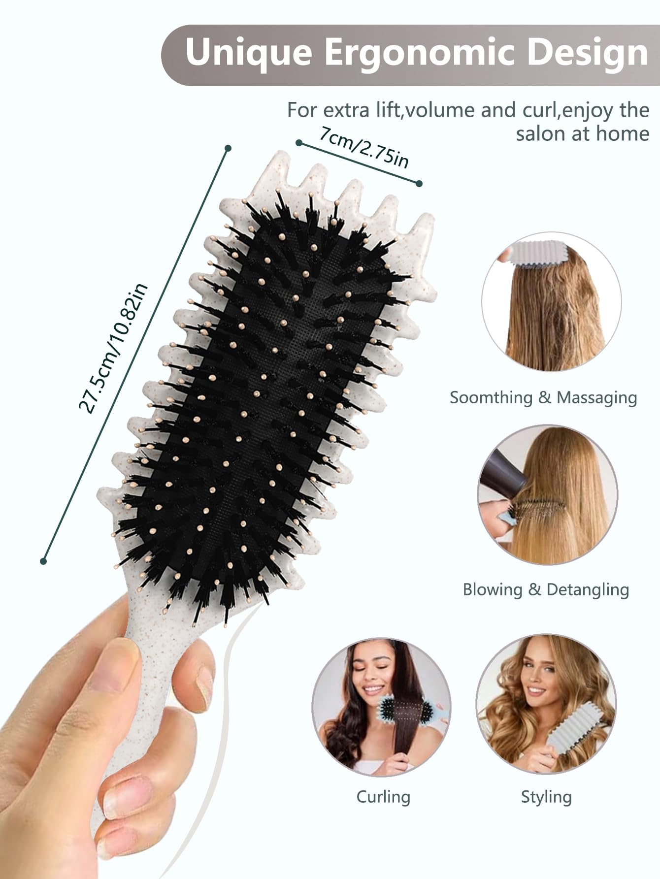 Sintario beige curl defining brush features a non-slip grip for comfortable styling.