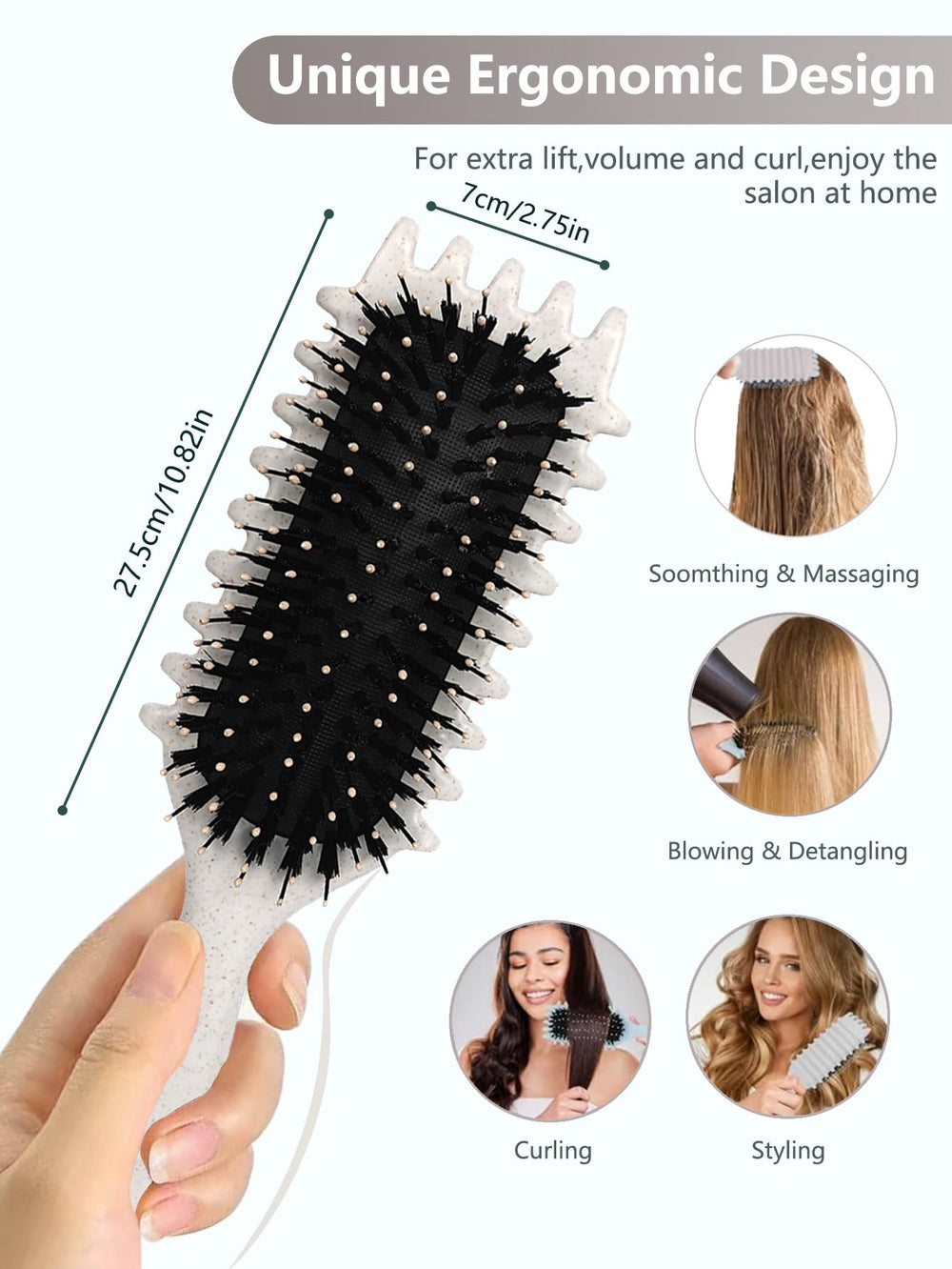 Sintario beige curl defining brush features a non-slip grip for comfortable styling.