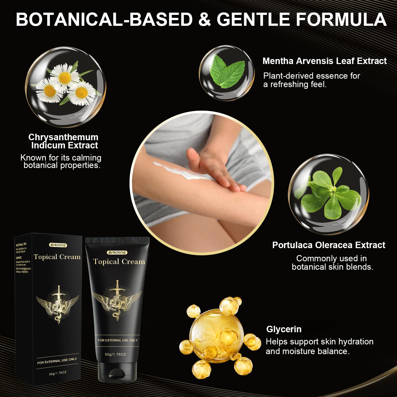Aceite de emú y árnica presentes en la crema para cuidado externo.