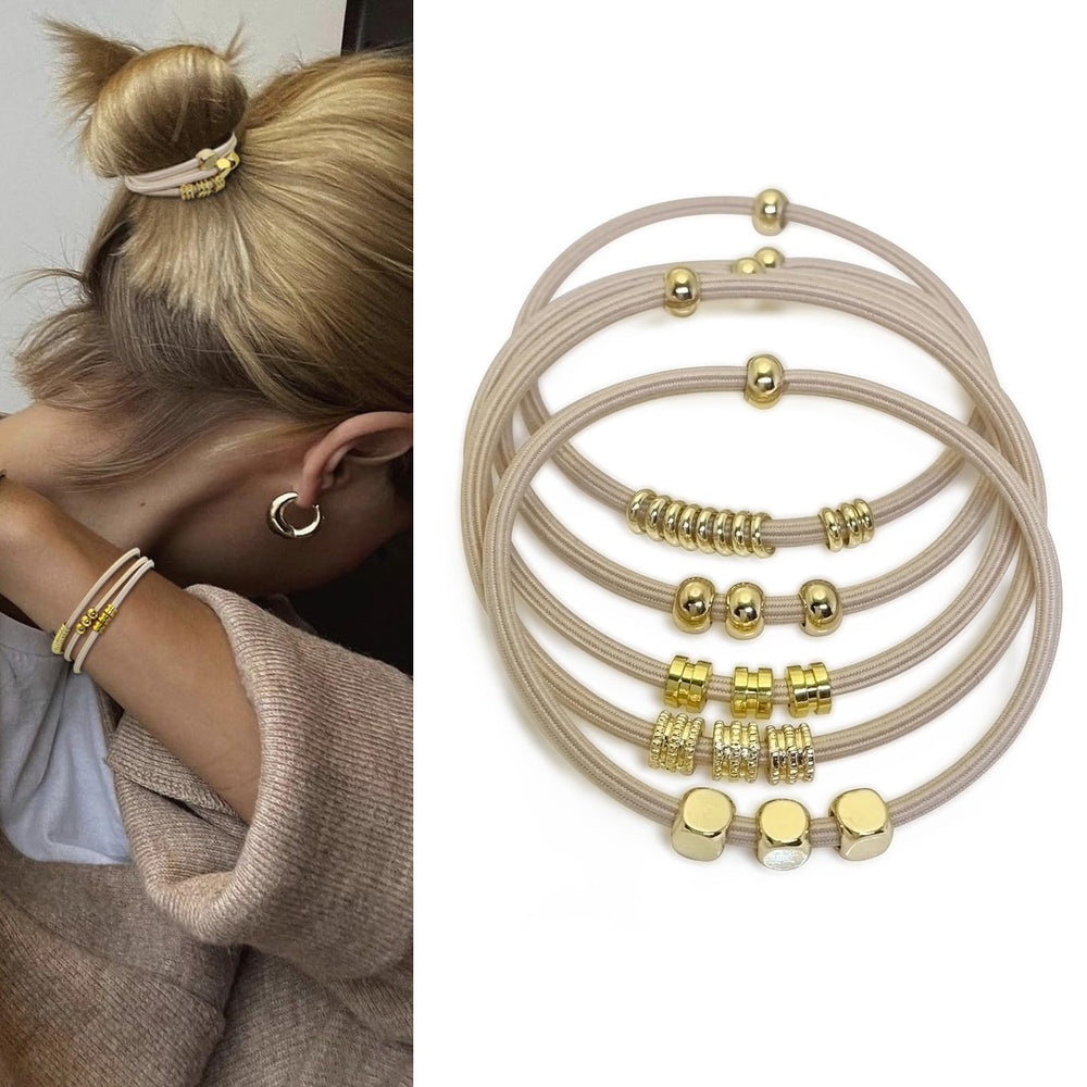 SISYOUP lazo elástico para pelo boho beige con abalorio dorado para peinados fáciles.