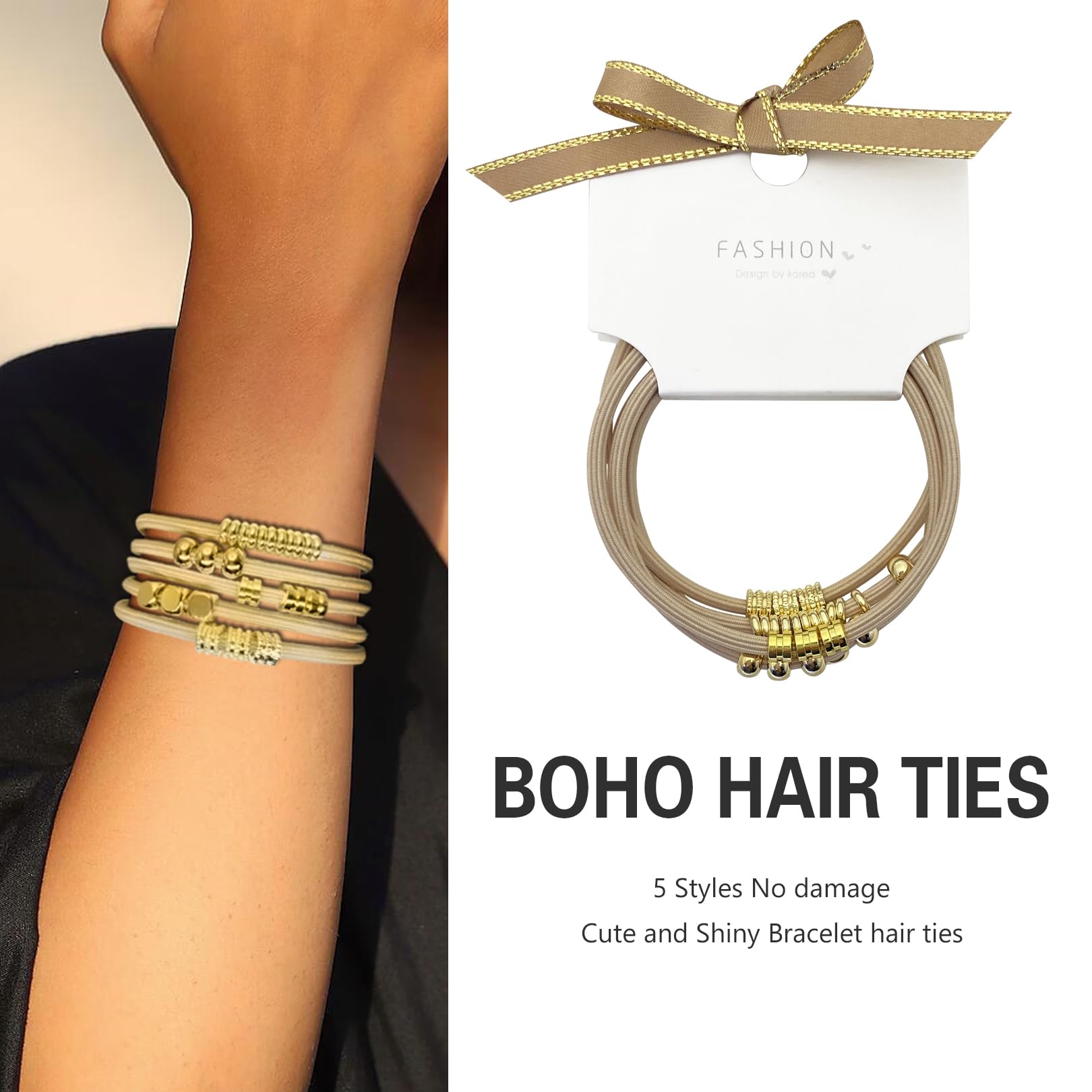 SISYOUP pulsera coletero dorado beige, perfecto para estilos diarios.
