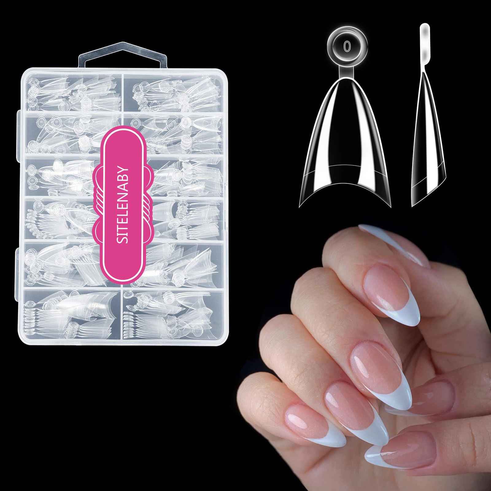 SITELENABY almond nail tips clear half-cover for seamless fit and elegant almond shape.