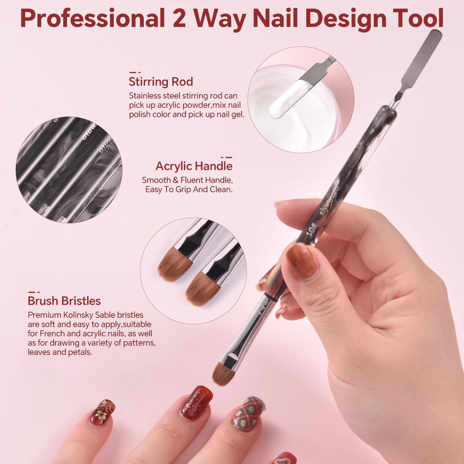 Nail dotting pen end enables clean lines and decorative dots.