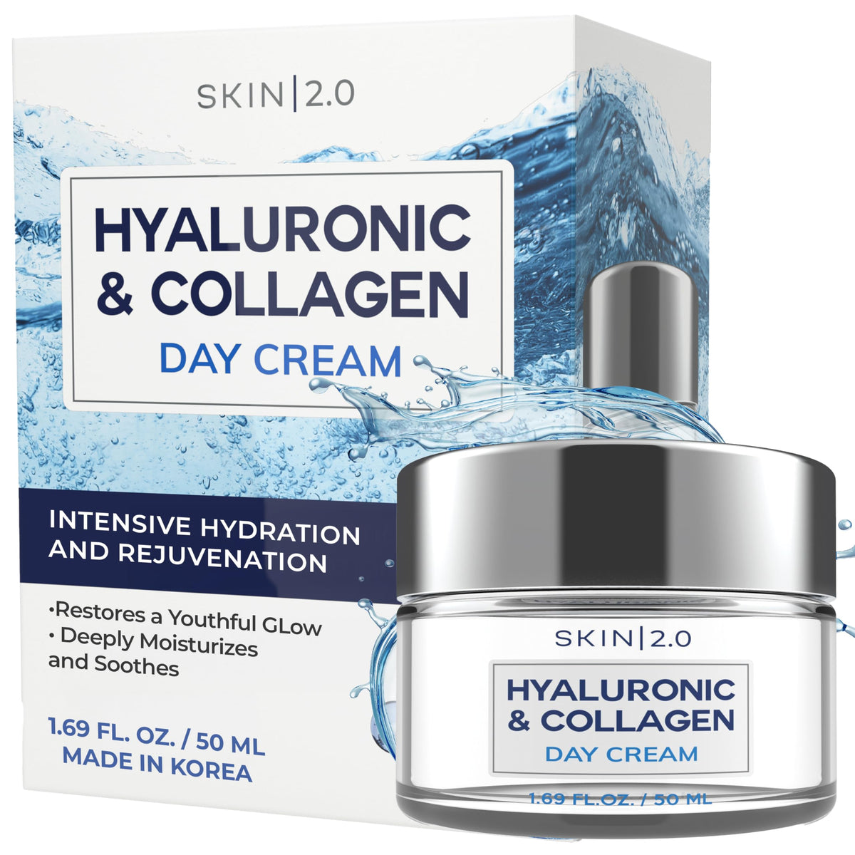 Skin 2.0 acido hialuronico y colageno crema dia en tarro para hidratación profunda.