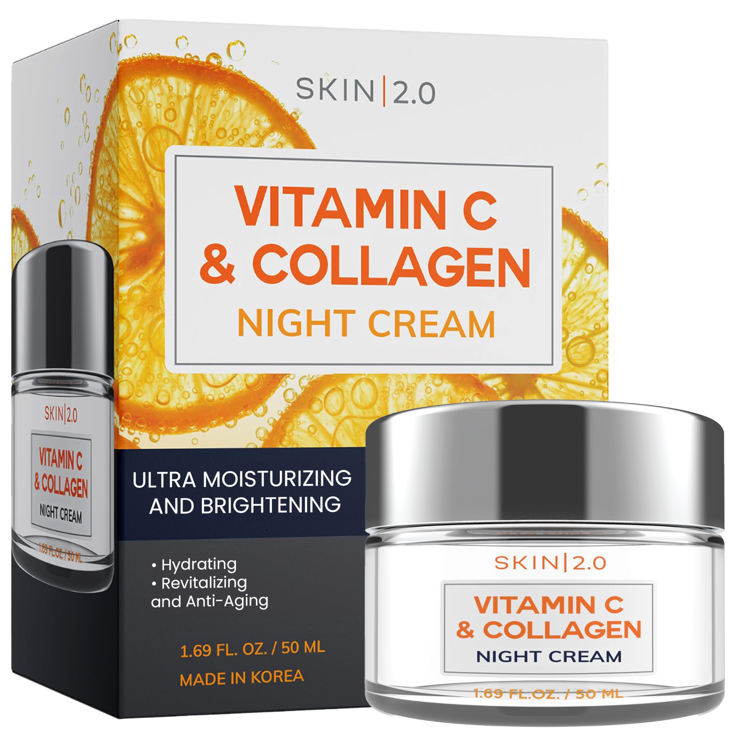 Skin 2.0 crema noche vitamina C y colágeno para tono uniforme y luminoso.