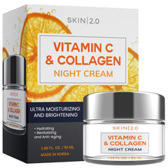 Skin 2.0 crema noche vitamina C y colágeno para tono uniforme y luminoso.