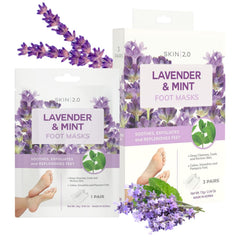 Skin 2.0 Mascarilla para pies Lavender Mint, envase práctico para relajar pies cansados en casa.